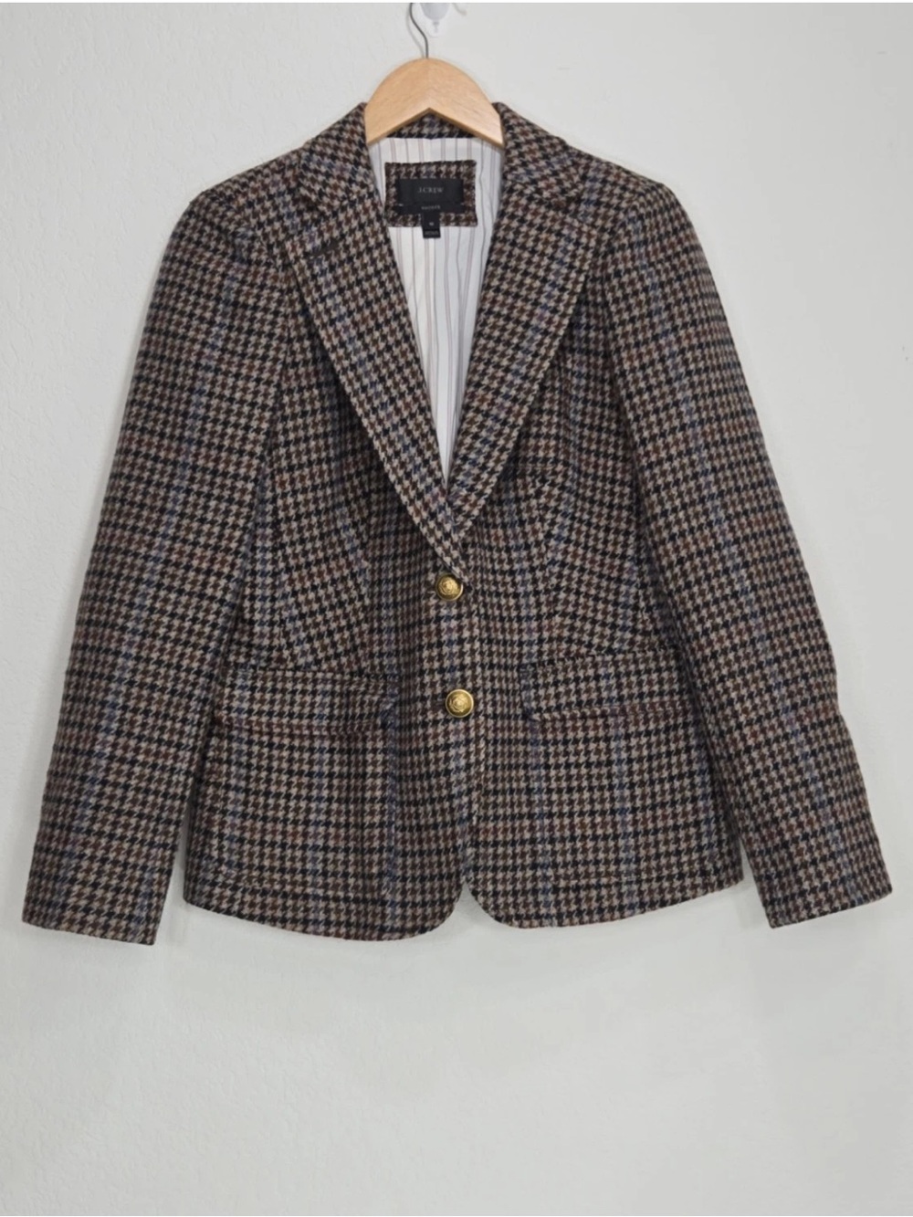 J. Crew Rhodes Wool Brown Houndstooth Blazer Elbow Patches Size 10 Womens